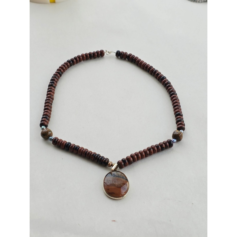 Artisan crafted Mahogany brown Jadper Beaded Necklace with Oval Pendant 20" boho